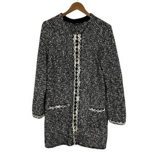 Talbots | Black & White Knit Silver Threading Long Sleeve Long Cardigan Sweater